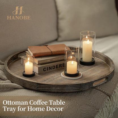 Hanobe Ottoman Tray for Living Room: 22" Decorative Wooden Trays with Handles for Living Room Home Decor Farmhouse Rustic Round Topper for Coffee Table