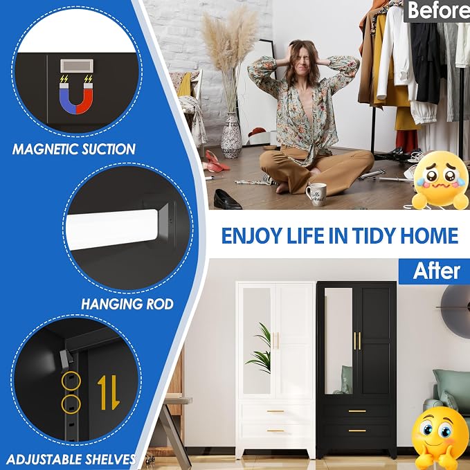 GAIOUS Steel Armoire Wardrobe Closet with Mirror and 2 Drawers 71" Black | Clothes Storage Cabinets with 2 Doors, 1 Adjustable Shelf, Metal Wardrobe Cabinet with Hanging Rod for Bedroom, Gym, Cloak