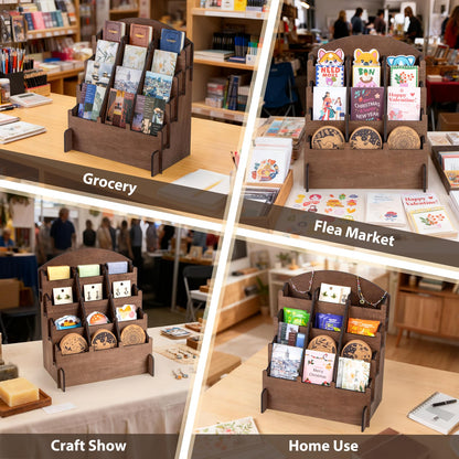 PUERSI Wooden Sticker Display Stand, Sticker Holder Display Organizer with 12 Pockets for Greeting Card, Postcard, Coaster, Bookmark, Brochure, Vendors, Retail, Brown