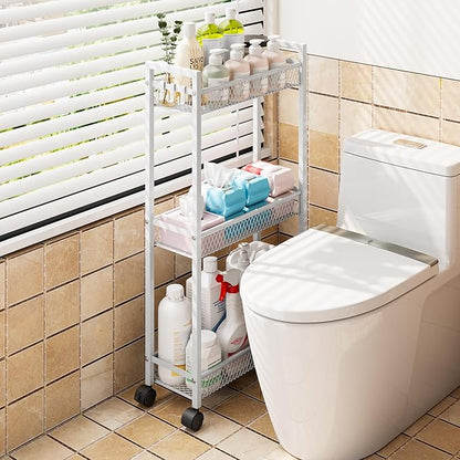 YASONIC Slim Rolling Storage Cart, Metal 3 Tier Bathroom Storage Organizer Laundry Room Utility Cart for Kitchen, Bthroom, Makeup, Craft, Laundry Narrow Places, White