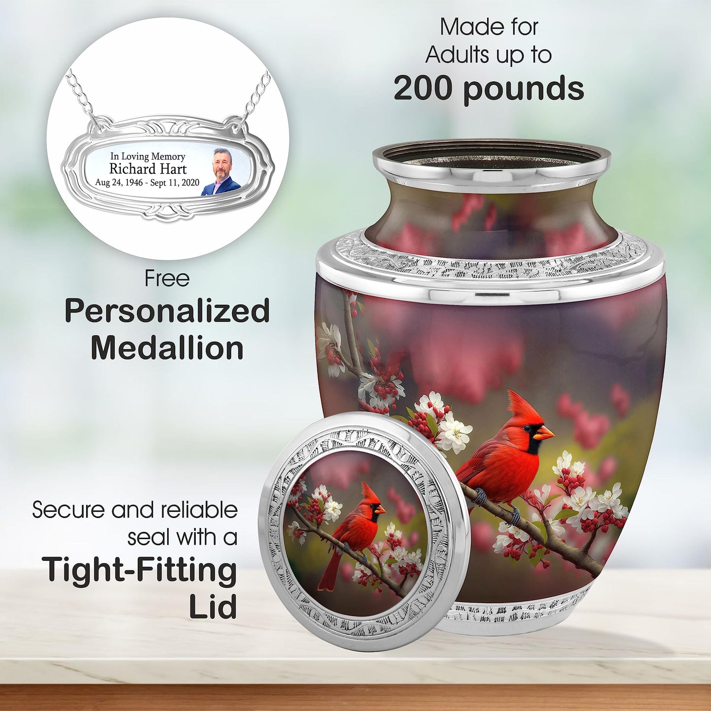 Personalized Medallion Elegant Cardinal Cremation Urns for Adults - 200lbs Burial Urns - Handcrafted Funeral Decorative Urns with Velvet Bag