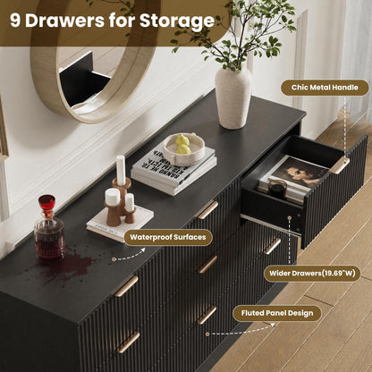 MALOL Fluted 9 Drawer Dresser for Bedroom, 59" Wide Wood Chest of Drawers with Metal Handle, Long Dresser Storage Organizer TV Stand for Closet, Living Room, Hallway, Black