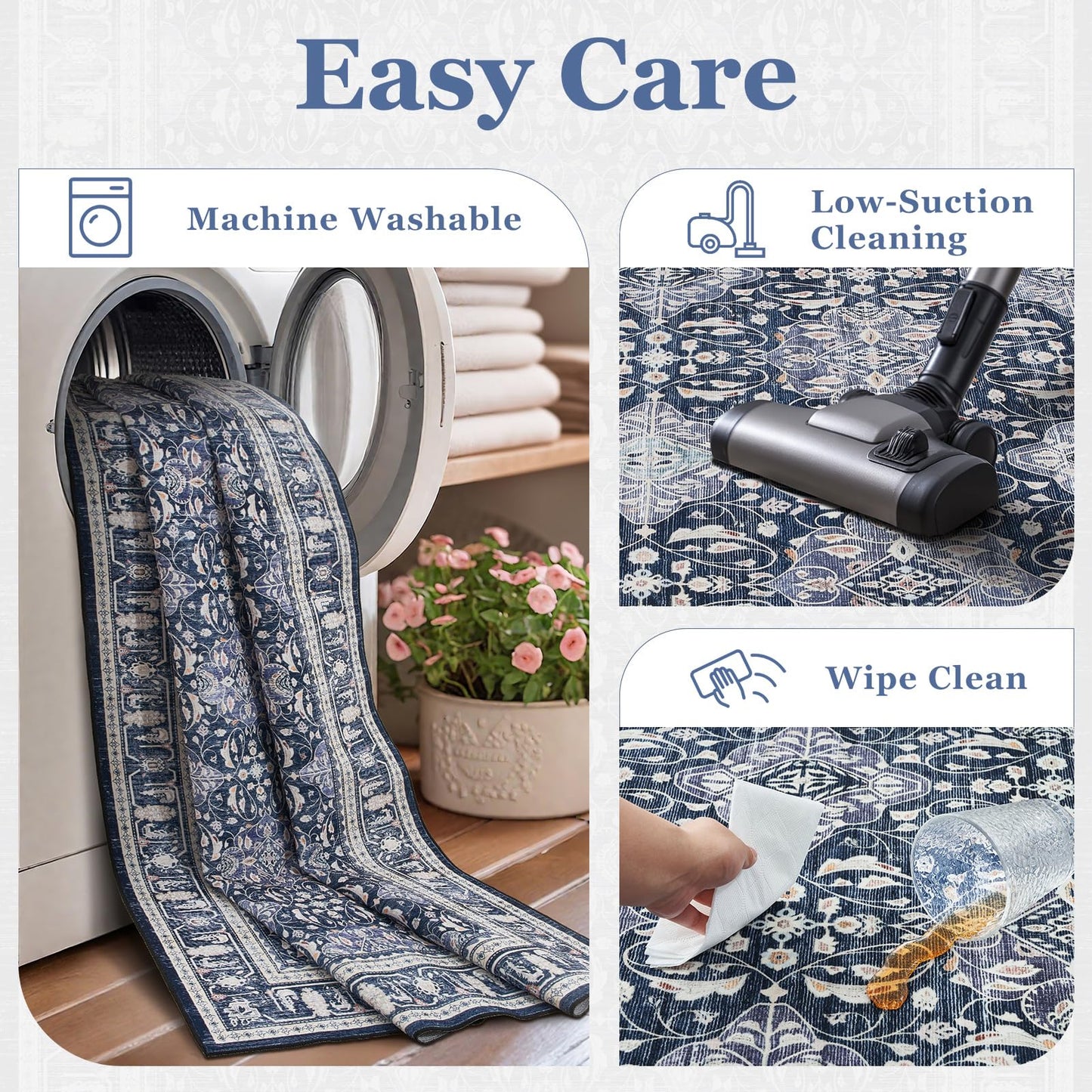 Jainmy Dark Blue Round Rugs 6ft for Living Room, Washable Non Slip Low Pile 6 Feet Circle Rug for Dining Room Kitchen, Boho Moroccan Floral Trellis 6x6 Round Carpet for Bedroom Home Office