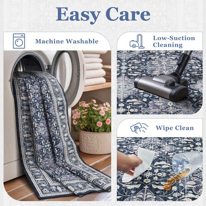 Jainmy Dark Blue Round Rugs 6ft for Living Room, Washable Non Slip Low Pile 6 Feet Circle Rug for Dining Room Kitchen, Boho Moroccan Floral Trellis 6x6 Round Carpet for Bedroom Home Office