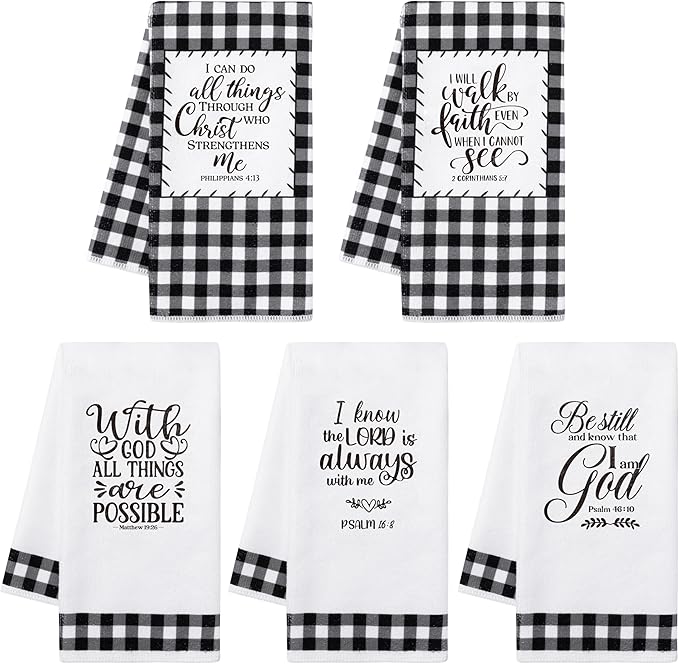 R HORSE 5Pcs Religious Christian Kitchen Dish Towel Black and White Check