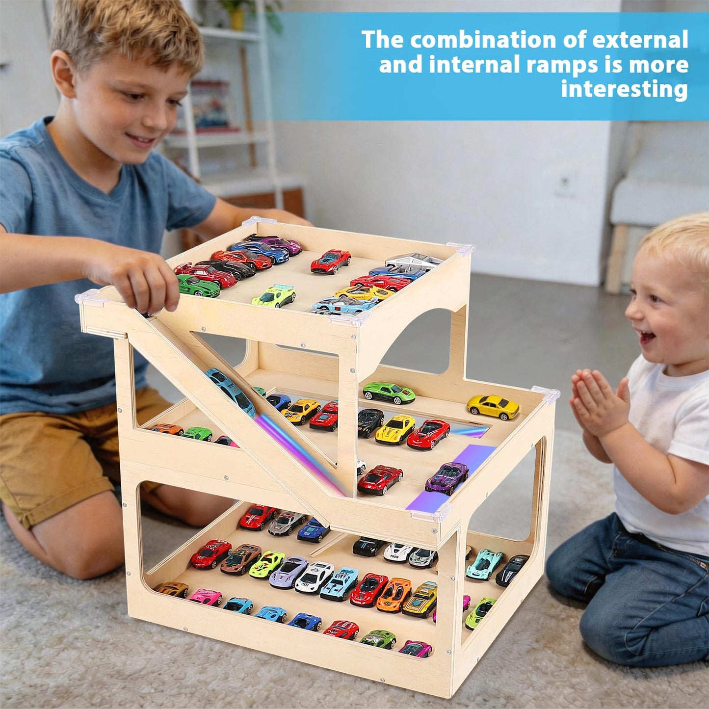 Wooden Display Case For Hot Wheels & Matchbox, 3-Level Large Capacity 1/64 Scale Matchbox Hot Wheels Toy Car Display Case Parking Garage With Ramp Diy Scale Diecast Toy Car Storage Box For 50 Toy Cars