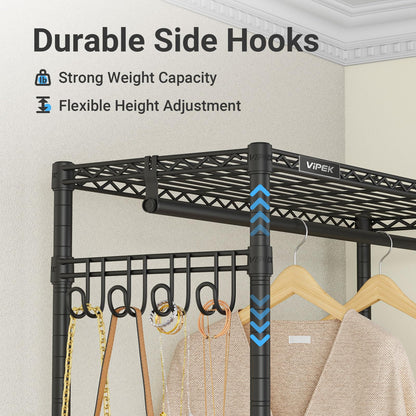 VIPEK R3X Expandable Clothes Rack with Lockable Wheels, 600 lbs Capacity Heavy Duty Rolling Garment Rack with Adjustable Width (2' to 3'5") Shelves, Space-Saving Storage Closet for Small Space (Black)