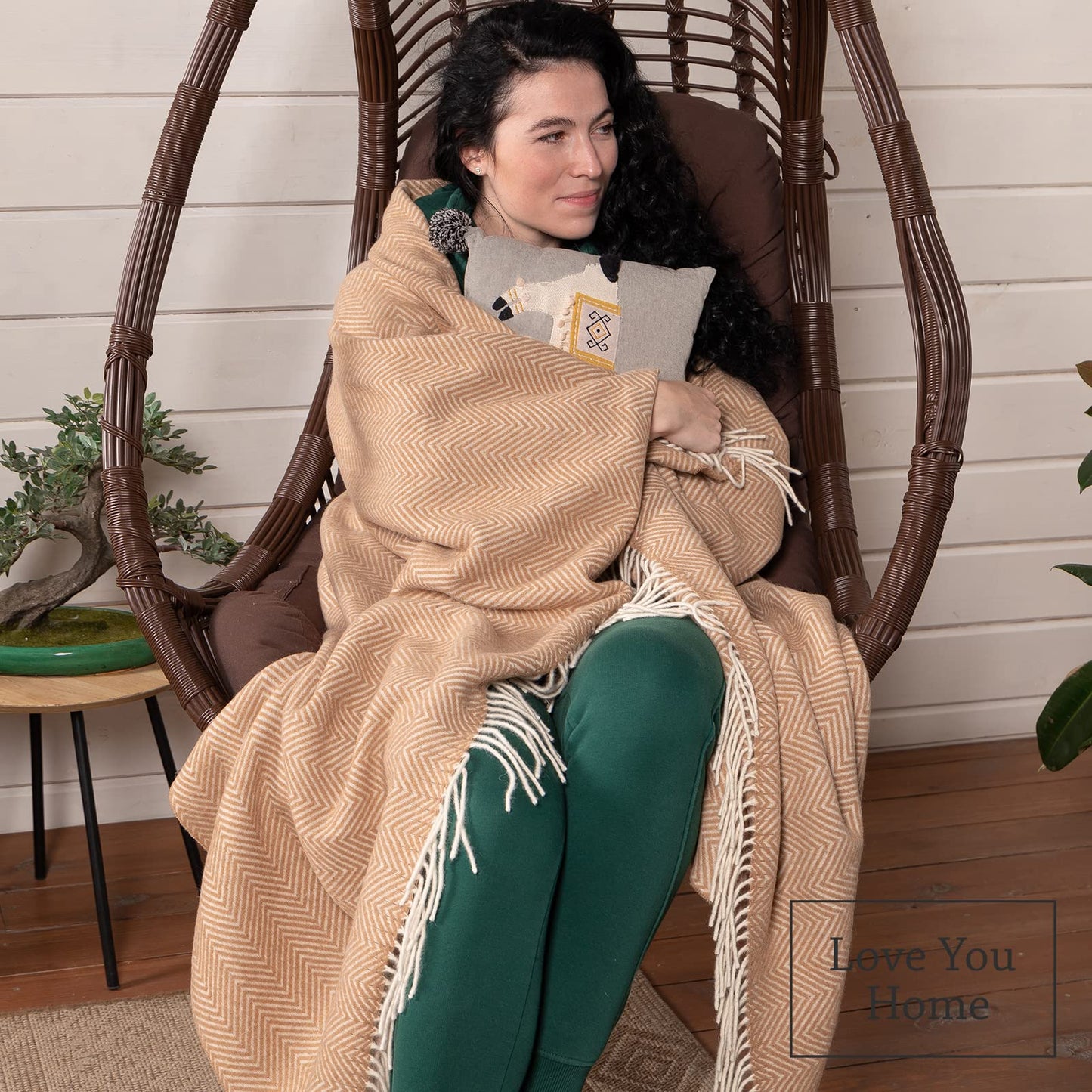 LYHome Merino Wool Blanket - Warm Throw for Cold Weather, Warmest Travel Outdoor Camping Blankets, Picnic Army and Military Throws, Comforter Soft & Cozy (55" x 79" Beige with White Chevron)