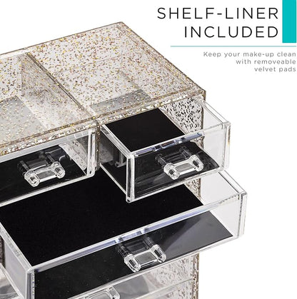 Sorbus Acrylic Makeup Organizer Set, 6-Drawer Vanity & Countertop Cosmetic Storage with Small & Wide Compartments, Glitter Makeup Storage for Brushes, Jewelry – Holiday Gift for Women & Teens