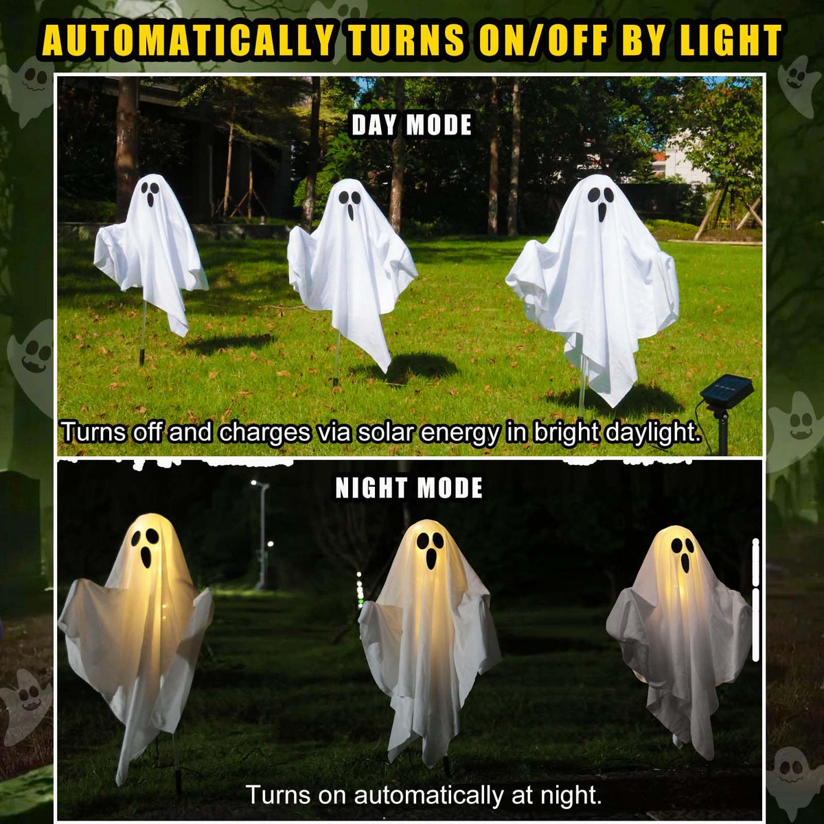Solar Powered Halloween Decorations, 3 Pack Light Up Ghost Outdoor Path Pathway Kit Walkway Driveway Warm White Led Lights Solar Power Scary Yard Stakes Garden Lawn Decor