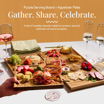 Homesphere Wooden Charcuterie Boards, Appetizer Tray for Parties & Cutting Board with Handle, Set of 4, Acacia Wood Board, Wine Gifts, Wine Accessories, Interlocking Puzzle Serving Tray w/Storage Box