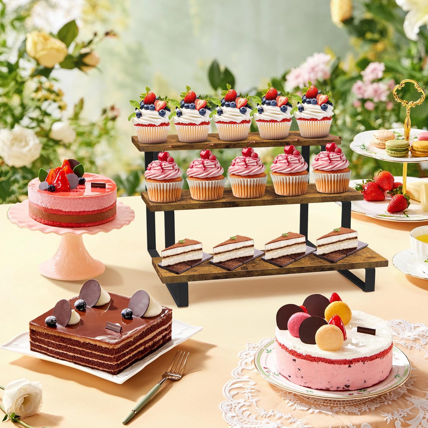 ELITEROO 3 Tier Straight Display Shelf, Portable Wood Retail Cupcake Dessert Stand Display Table, 3 Step Collectible Riser Stand, Tabletop Vendor Display Shelves Rack, Craft Show Countertop Risers