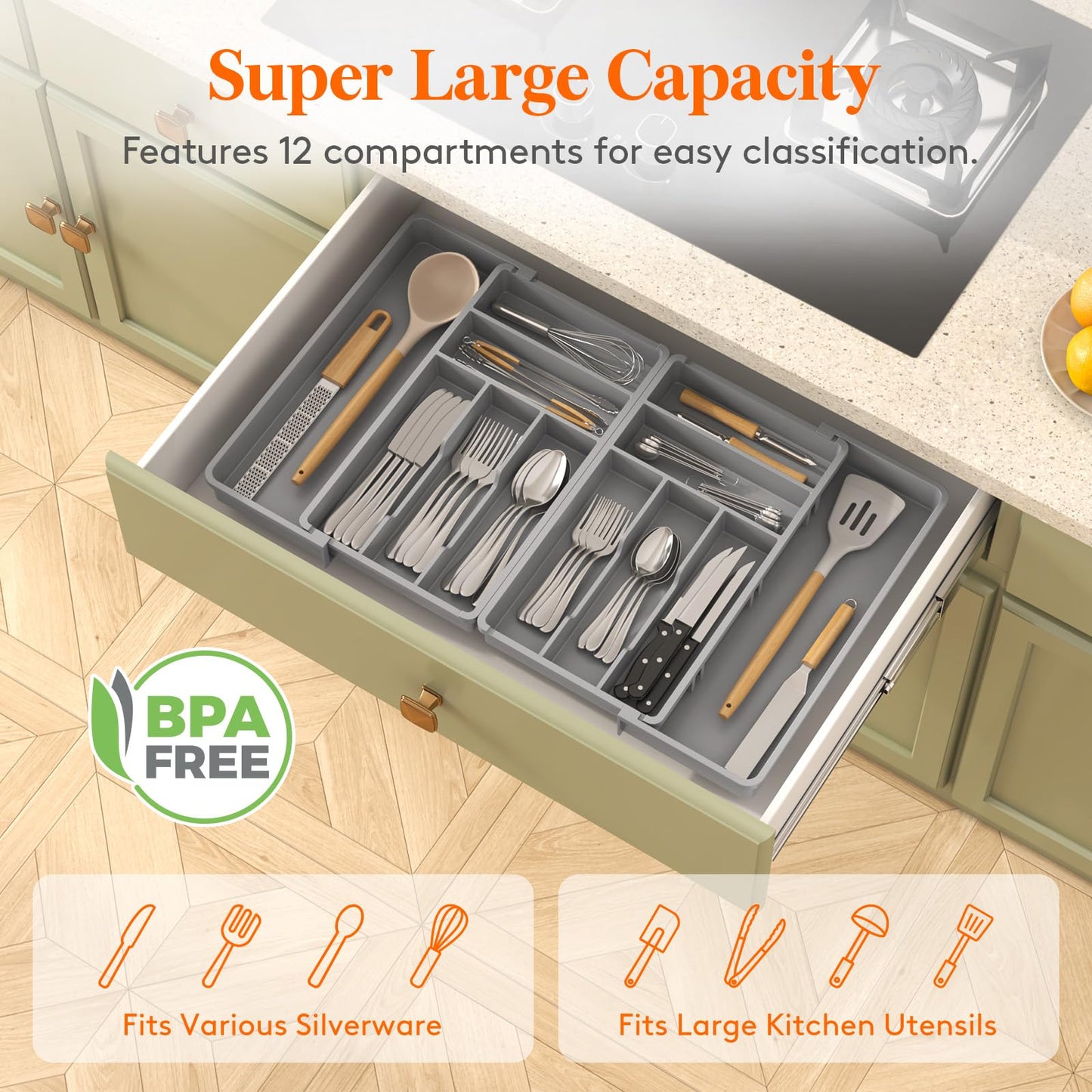Lifewit Large Silverware Drawer Organizer, Expandable From 21 to 36 Inches, BPA Free Plastic Utensil Tray for Kitchen, Adjustable Flatware and Cutlery Holder for Spoons Forks Knives, Black