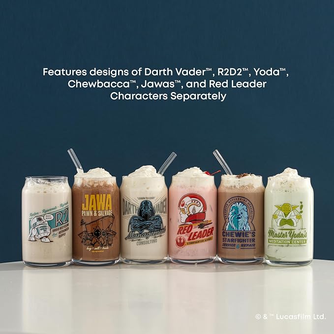 JoyJolt Star Wars Retro Vintage Collection 16.9oz Glass Tumblers - Featuring Darth Vader, R2D2, Yoda, Chewbacca, Red Leader, Jawa - Original Trilogy Drinkware, Set of 6 with Glass Straws