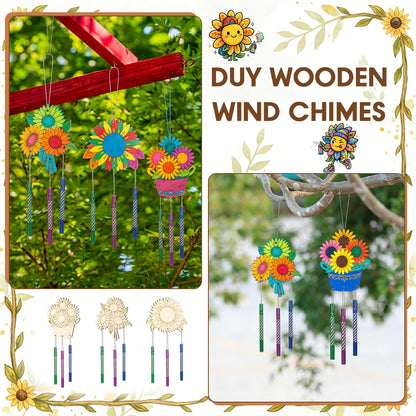 Leinuosen 30 Pcs Wind Chime Kit Sunflower Wooden Wind Chimes Decorative Sunflower Windchimes Hanging Dragonfly DIY Crafts for Indoor Outdoor Garden Home Patio Party Crafts Decorations