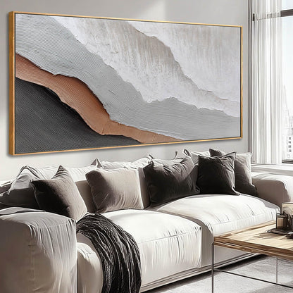 Textured White Wall Art,Grey Abstract Artwork,Large Framed Modern Pictures,Wave Landscape Oil Painting 24"x48"for Home Office Gallery