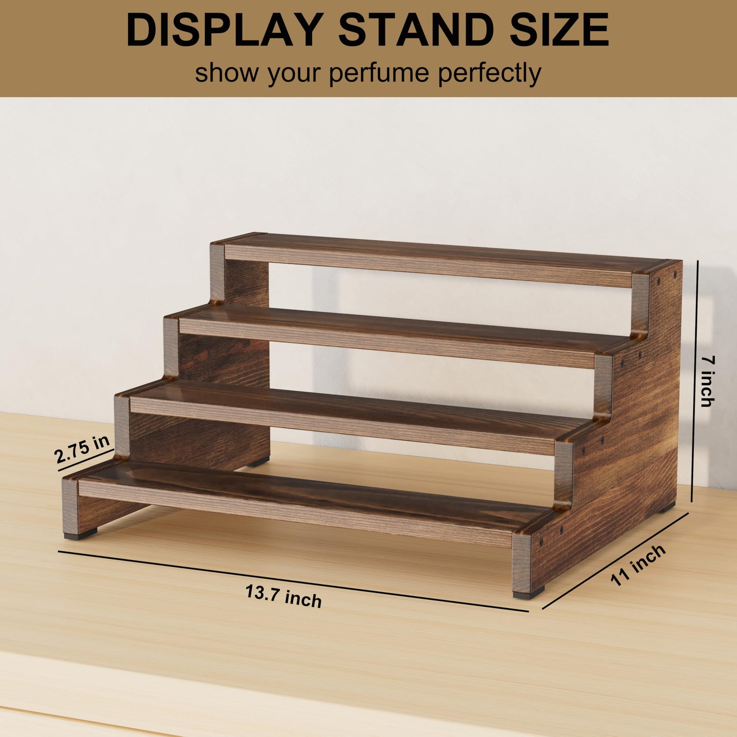 ZUJJAFY Cologne Organizer for Men, 4 Tier Wooden Cologne Stand Mens Fragrance Shelf, Tiered Wood Risers Display Stands for Perfume, Cupcake, Figures, Dessert, Brown