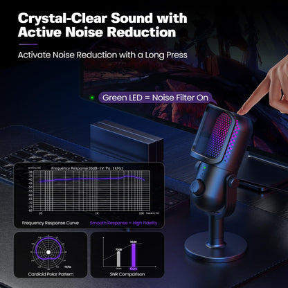 USB Microphone for PC Gaming: Condenser Microphone RGB for Gamer with Stand Mic - Recording Mic for Computer&Laptop with Qiuck Mute - Desk Podcast Mic for Podcast & Singing & Streaming & Youtube Black