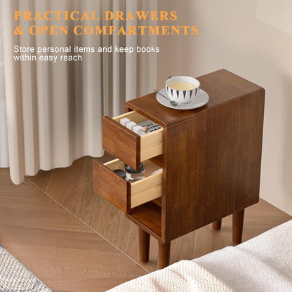 Narrow Nightstand 2 Drawers with Open Shelf Narrow Night Stand Solid Wood Bedside Table Mid Century Modern Nightstand Wooden End Table for Bedroom, Study, Office