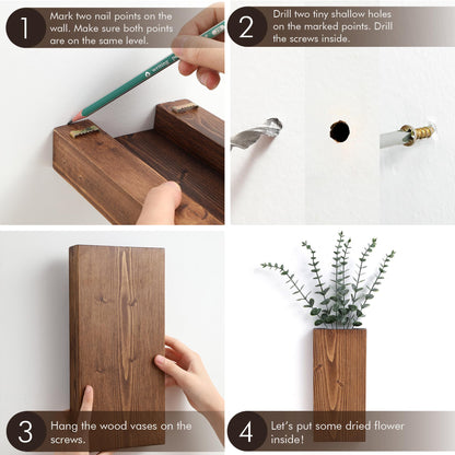Wood Wall Planter Set of 2, Wood Wall Pocket for Greenery and Dried Flowers, Indoor Wood Hanging Vase Modern Farmhouse Wall Decor for Living Room Bedroom Office Eucalyptus Stems Decorations (Expresso)