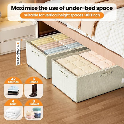 Dayacoco Under Bed Storage With Wheels,10 Inches Under Bed Storage Containers,65L Large Capacity,No Assembly Required Rolling Under Bed Storage for Clothes,Blankets,Shoes,Beige