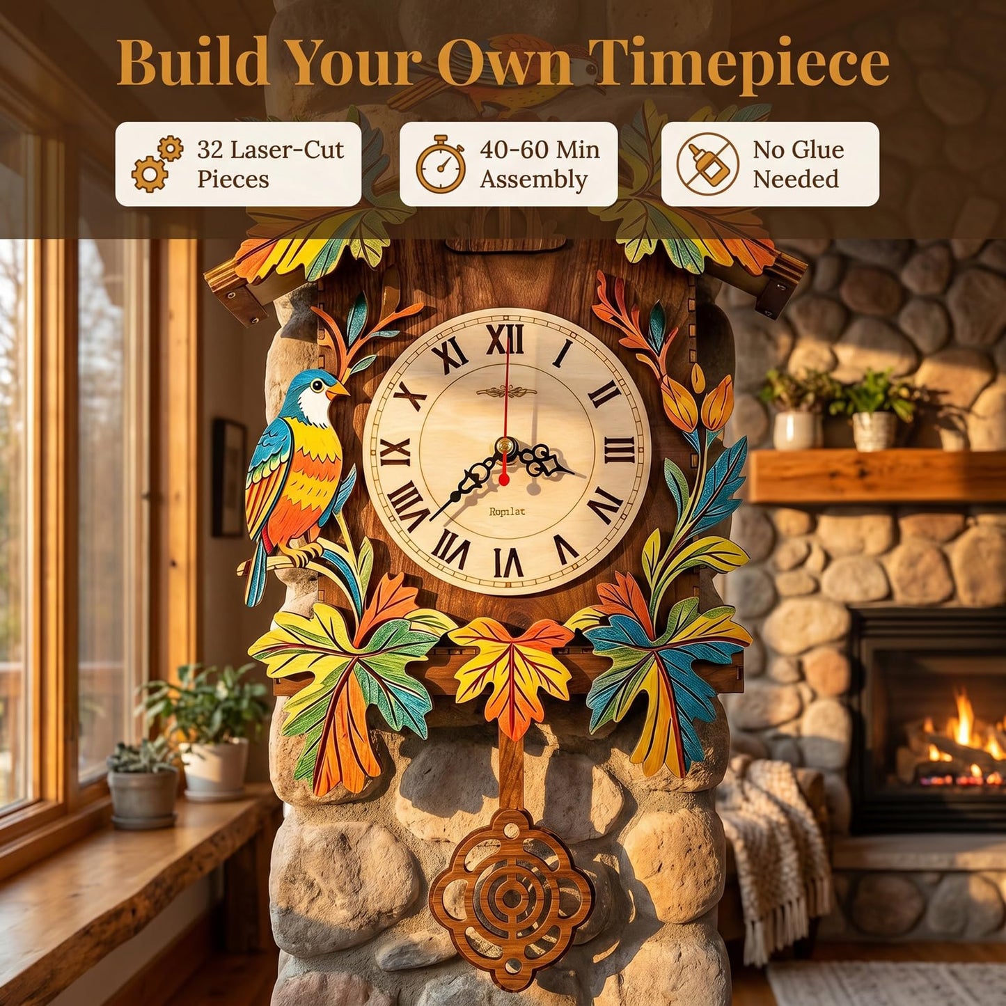 Hnyzlst Wooden Birdhouse Clock Puzzle—A 3D DIY Assembly kit for a Decorative wall Clock, Featuring Autumn Leaves and Bird Motifs, Perfect for Rustic Farmhouse-Style Decor in Kitchens and Living Rooms