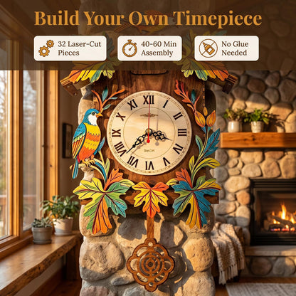 Hnyzlst Wooden Birdhouse Clock Puzzle—A 3D DIY Assembly kit for a Decorative wall Clock, Featuring Autumn Leaves and Bird Motifs, Perfect for Rustic Farmhouse-Style Decor in Kitchens and Living Rooms