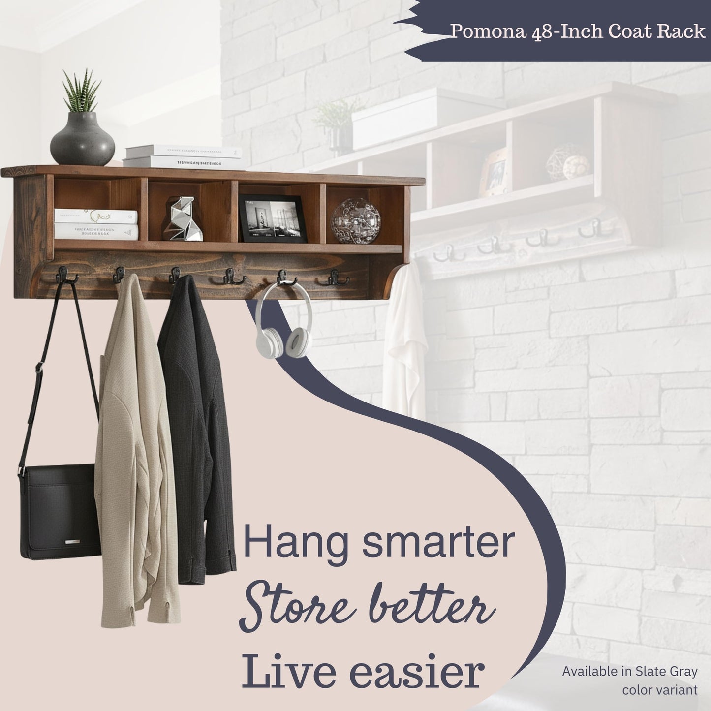 Alaterre Furniture Pomona Entryway Coat Rack – Rustic Farmhouse 48-Inch Wall-Mounted Coat Rack with 6 Double Hooks & 4 Open Cubbies – Solid Wood Mudroom Storage for Entryway or Hallway (Rustic Brown)