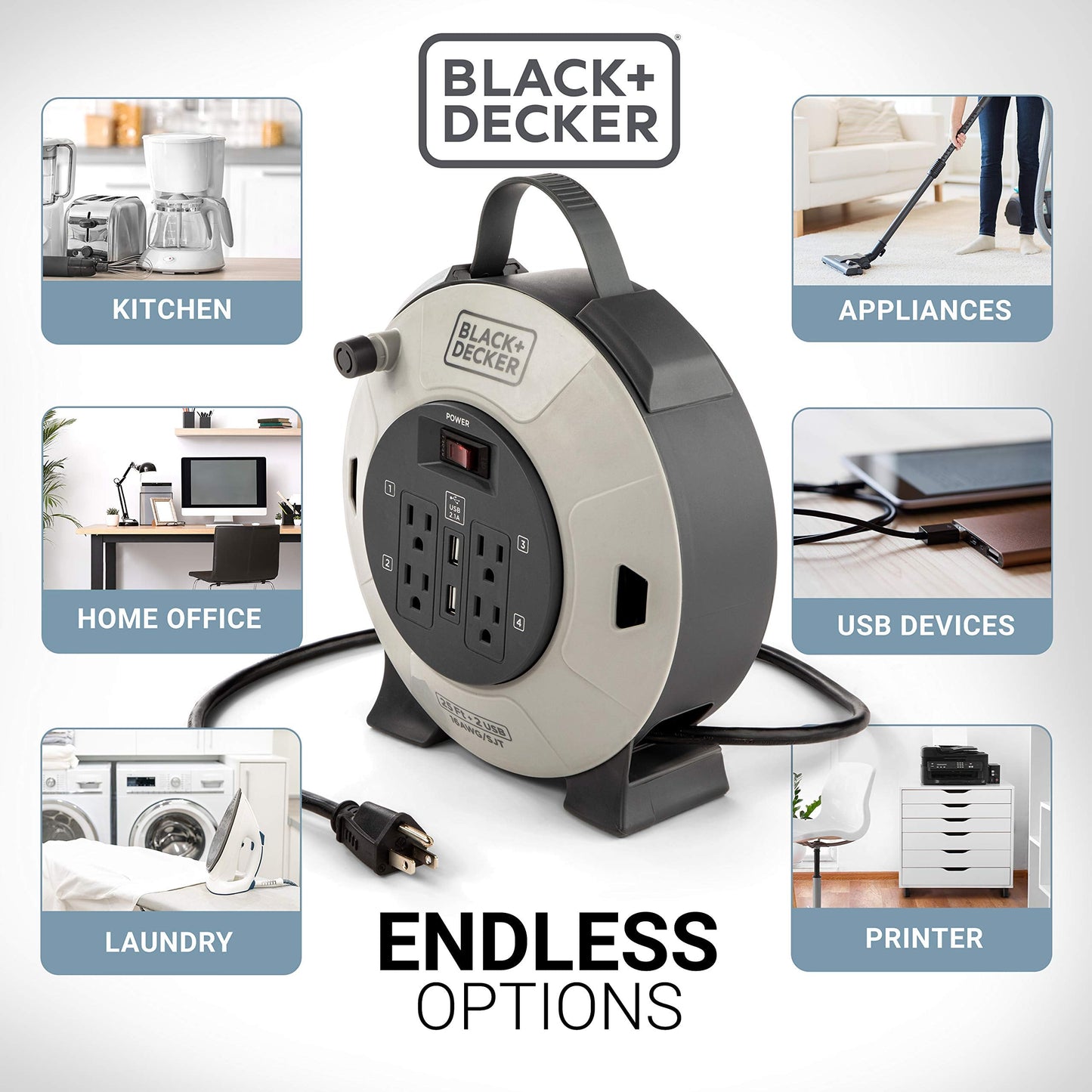 BLACK+DECKER 25 Ft. Retractable Extension Cord Reel with 4 Outlets, 2 USB Ports, Multi-Plug Extension, On/Off Switch & Heavy-Duty 16AWG SJT Cable