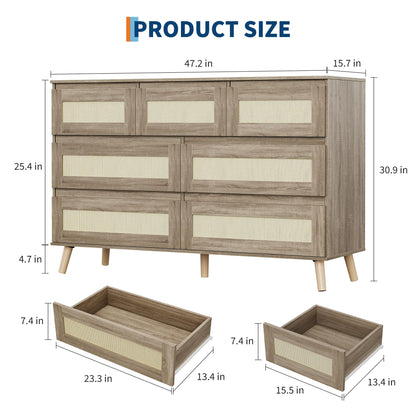 Patikuin Modern Rattan 7 Drawer Dresser for Bedroom, Wooden Chest of Drawers with Storage, Clothes Organizer Cabinet for Nursery, Living Room, Entryway, Natural Finish