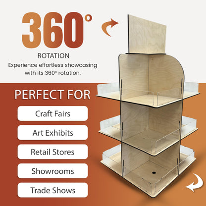 Versatile 4-Sided Rotating Display Stand for Candy, Snacks, Jams, Produce and More - Ideal for Craft Shows, Farmers Markets, and Retail Stores - 12 Shelves, Heavy-Duty Design, Easy Setup (Natural)