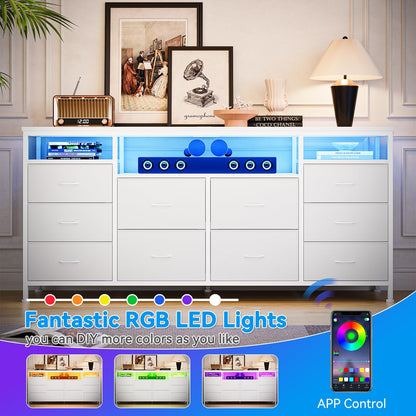 Garvee Dresser for Bedroom with LED Lights & Power Outlets, 63 Inch TV Stand Dressers for Bedroom with 10 Fabric Drawers, Entertainment Center with Open Storage Shelves for Entryway, White