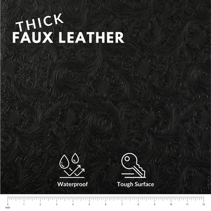 Tooled Faux Leather Western Cowboy, Floral Embossed Vinyl, Craft DIY and Upholstery Textured PU Pleather Fabric - Individual 1 Yard Cut 36"x54" (Black)
