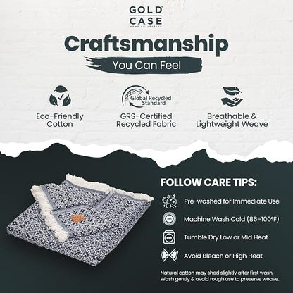 Gold Case Throw Blanket for Couch - 100% Recycled Turkish Cotton Blankets & Throws - Retro Soft Throw Blankets for Living Room - Boho Decorative Woven Couch Blanket - 50x60 - Navy Blue