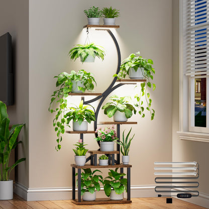 Plant Stand with Grow Lights for Indoor Plants, 8-Tiered Tall Corner Plant Shelf with Full Spectrum Light, S-Shaped Space-Saving Narrow Flower Holder, Anti-Tip for Living Room Bedroom Office, Brown