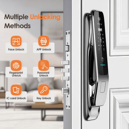 Gooway 3D Face Recognition Smart Lock with Camera & Handle, Palm Vein Keyless Entry, Video Doorbell, 8-in-1 Unlock, 4" HD Screen, 2-Way Talk, Tuya App, IP67 Waterproof, Door Lock for Front Door.