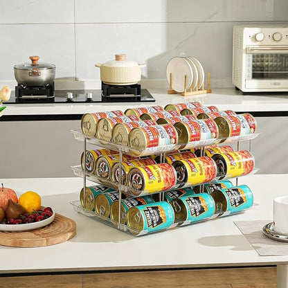 Amllas Can Organizer for Pantry, Stacking Can Storage Organizer Pantry, Automatic Rolling Can Rack for Fridge, 3Tire 3 Columns Can Holder for 36 Cans, Canned Goods Organizer
