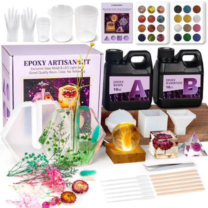 K KERNOWO Epoxy Resin Kit with Light for Beginners, Resin Kit and Molds Complete Set DIY Crafts for Adults Women, Epoxy Set with Vase Mold, 3D Dried Flowers, Measuring Cups and Resins Supplies-20OZ