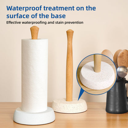 BOSHARON Kitchen Paper Towel Holder, Free Standing Cement Base with Beech Wood Rod, Modern Countertop Dispenser for Bathroom & Kitchen