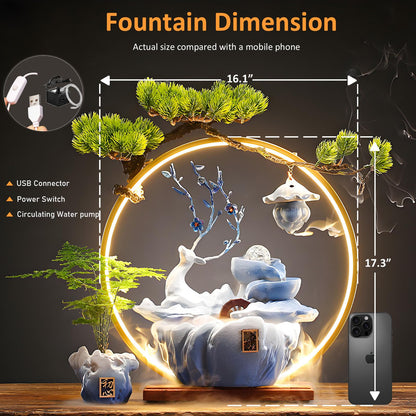 CIFUPUQU Tabletop Water Fountain, 17.3”Tall Deer Statue Waterfall Fountain with Incense Holder, LED Light & Adjustable Pump, Zen Relaxation Desk Fountains for Office,Living Room or Bedroom