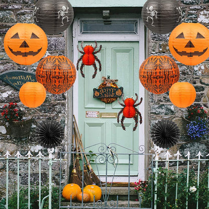UNIQOOO 12Pcs Halloween Hanging Decorations Paper Lanterns, Jack-O'-Lantern Spider Skeleton Pumpkin for Indoor & Outdoor Spooky Home Decor, Party Supplies Props, 12" & 8" (Orange, Black)