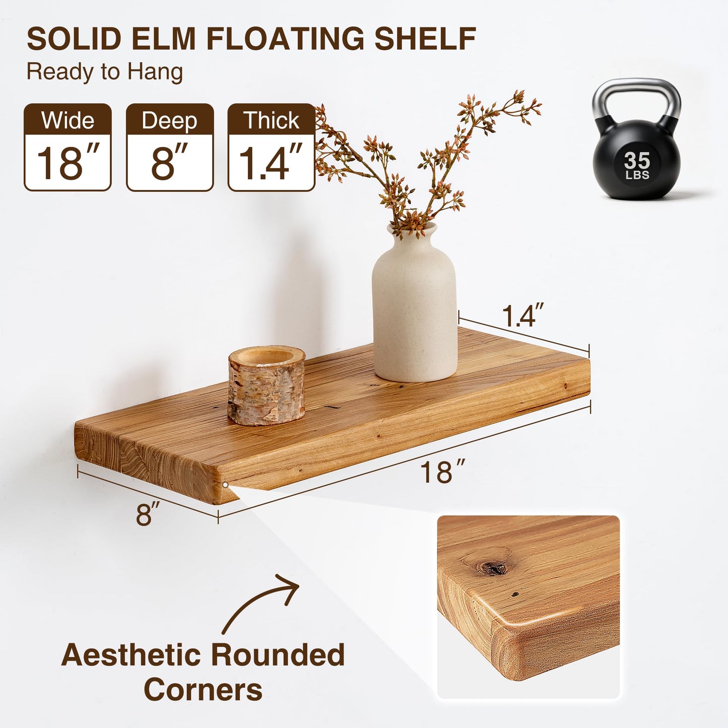 Dreamland Solid Elm Wood Floating Shelves, 18" W x 8" D Floating Shelf Wall Mounted, 8 Inch Deep Wall Shelves - Wooden Bathroom Shelf, Deep Bookshelf for Living Room, Kitchen Wall Shelf, Set of 2