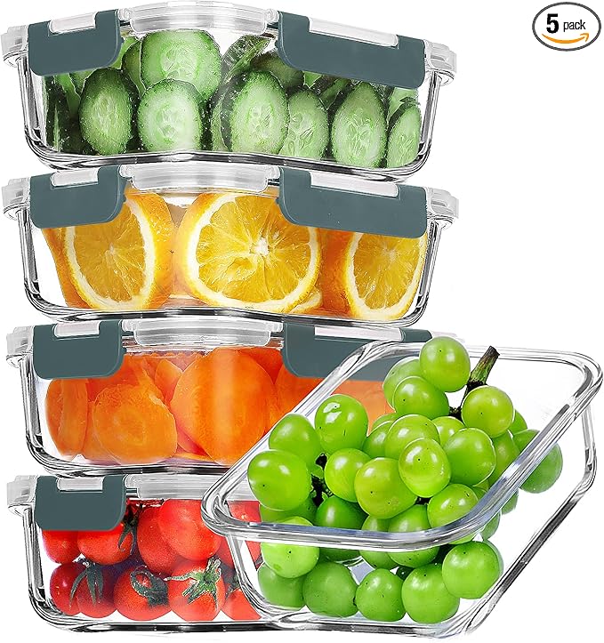VERONES 5 Pack 36 OZ Glass Meal Prep Containers, Airtight Glass Lunch