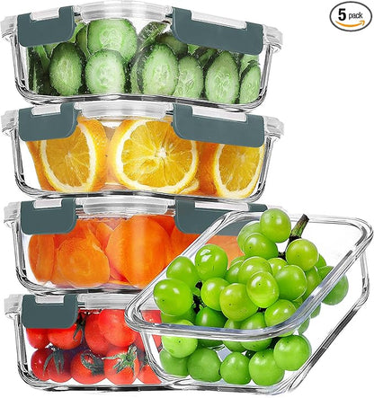 VERONES 5 Pack 36 OZ Glass Meal Prep Containers, Airtight Glass Lunch