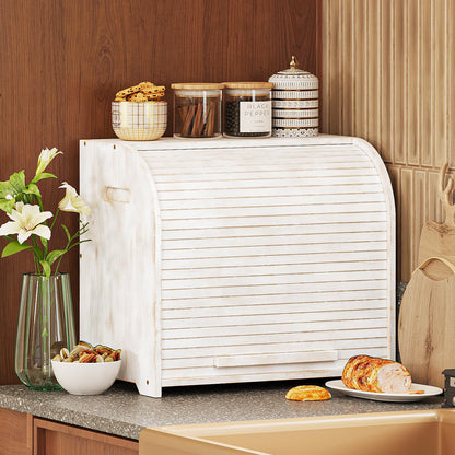 Trironsun Bamboo Roll Top Bread Box for Kitchen Countertop Large Capacity Bread Storage Bin 2 Layer Wooden Bread Storage Organizer Natural Breadbox for Food Storage (Antique White)