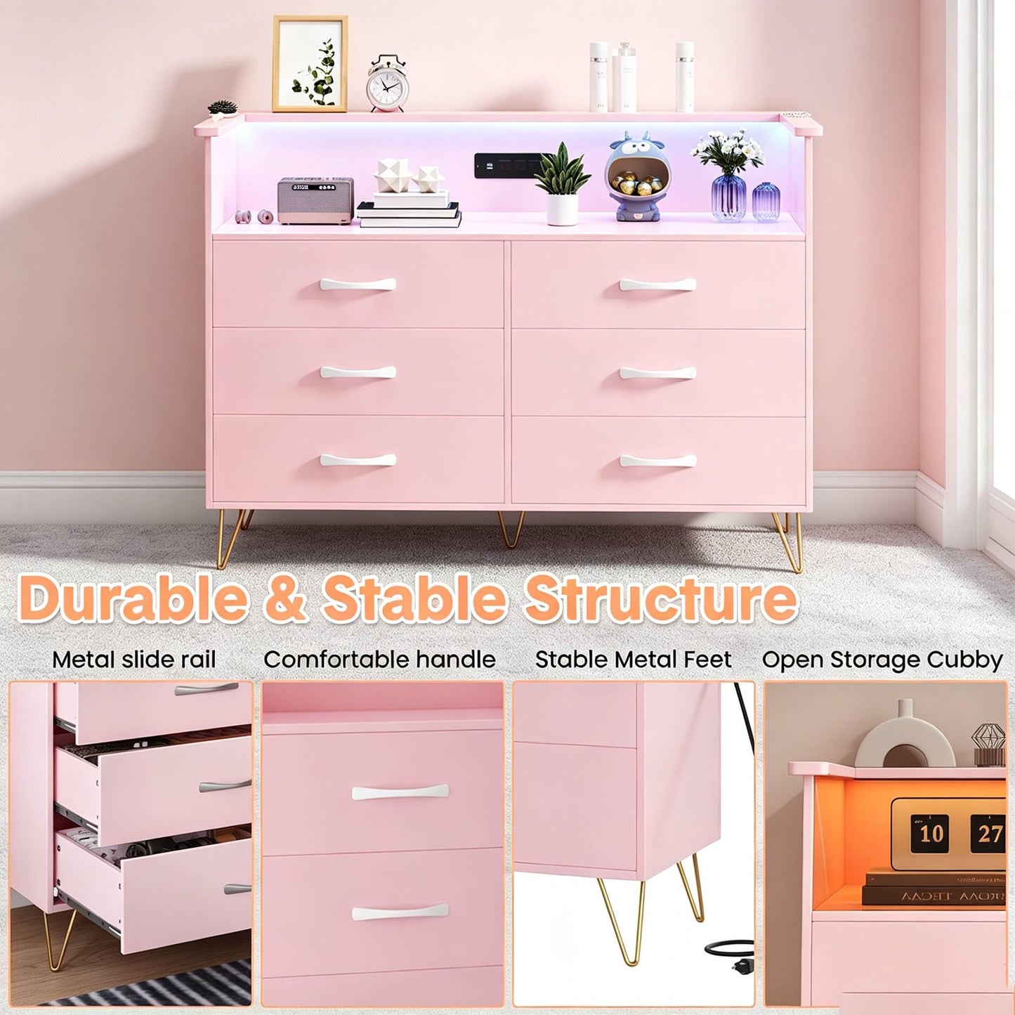 GarveeHome Modern 6-Drawer Dresser with Power Outlet & LED Light | Wooden Chest with 2-Tier Open Shelves & Wide Drawers for Bedroom, Living Room, Entryway, or As a TV Stand