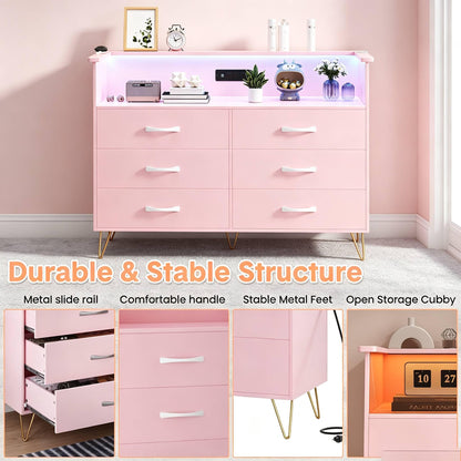 GarveeHome Modern 6-Drawer Dresser with Power Outlet & LED Light | Wooden Chest with 2-Tier Open Shelves & Wide Drawers for Bedroom, Living Room, Entryway, or As a TV Stand