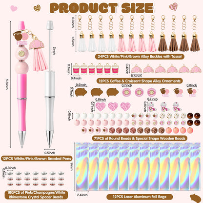 QIMGIC Cafecito Beadable Pens Kit - 12 Set Funny Cafecito Chisme DIY Ballpoint Pen Making with Bead Craft, Coffee Party Beaded Pen Bulk Charm Tassel Supplies for Women School Students Gift