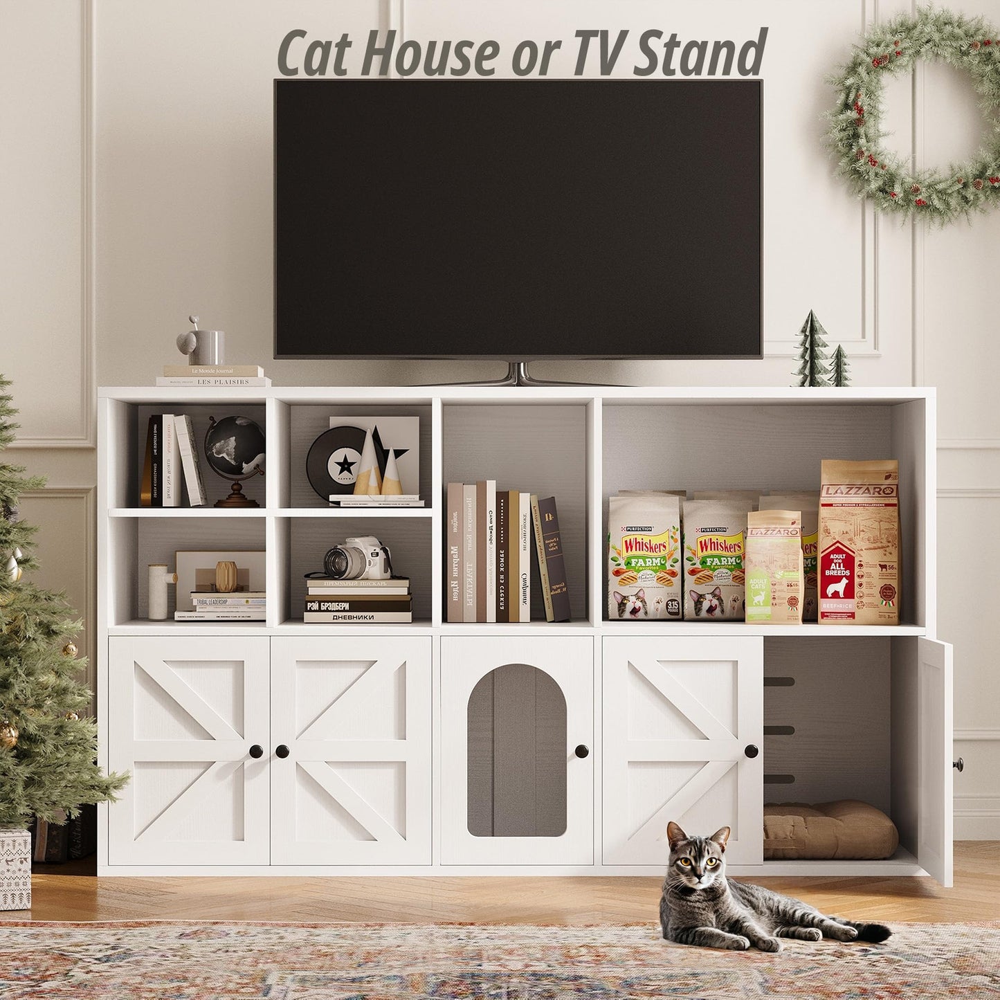 IRONCK Cat Litter Box Enclosure for 2 Cats, Litter Box Furniture Hidden with Double Room and Large Storage Space, Wooden Washroom Furniture, Cat House, White