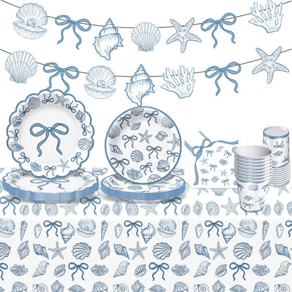 Seashell Party Decorations Ocean Sea shell Party Plates Supplies Blue Bow Seashell Paper Plates Napkins Tablecloth for The Summer I Turned Pretty Party Decorations, Serves 24